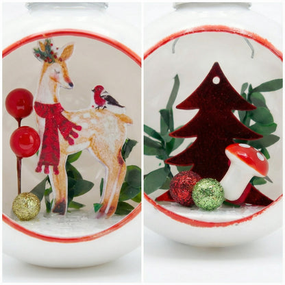 Set of 2 White Diorama Glass Christmas Ornaments - Woodland Fawn & Forest Scene(pack of 2)