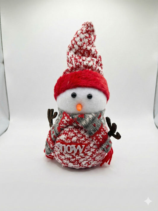 Charming Knit Plush Snowman Figurine | Cozy Sweater Look Winter Table Decor & Mantle Accent