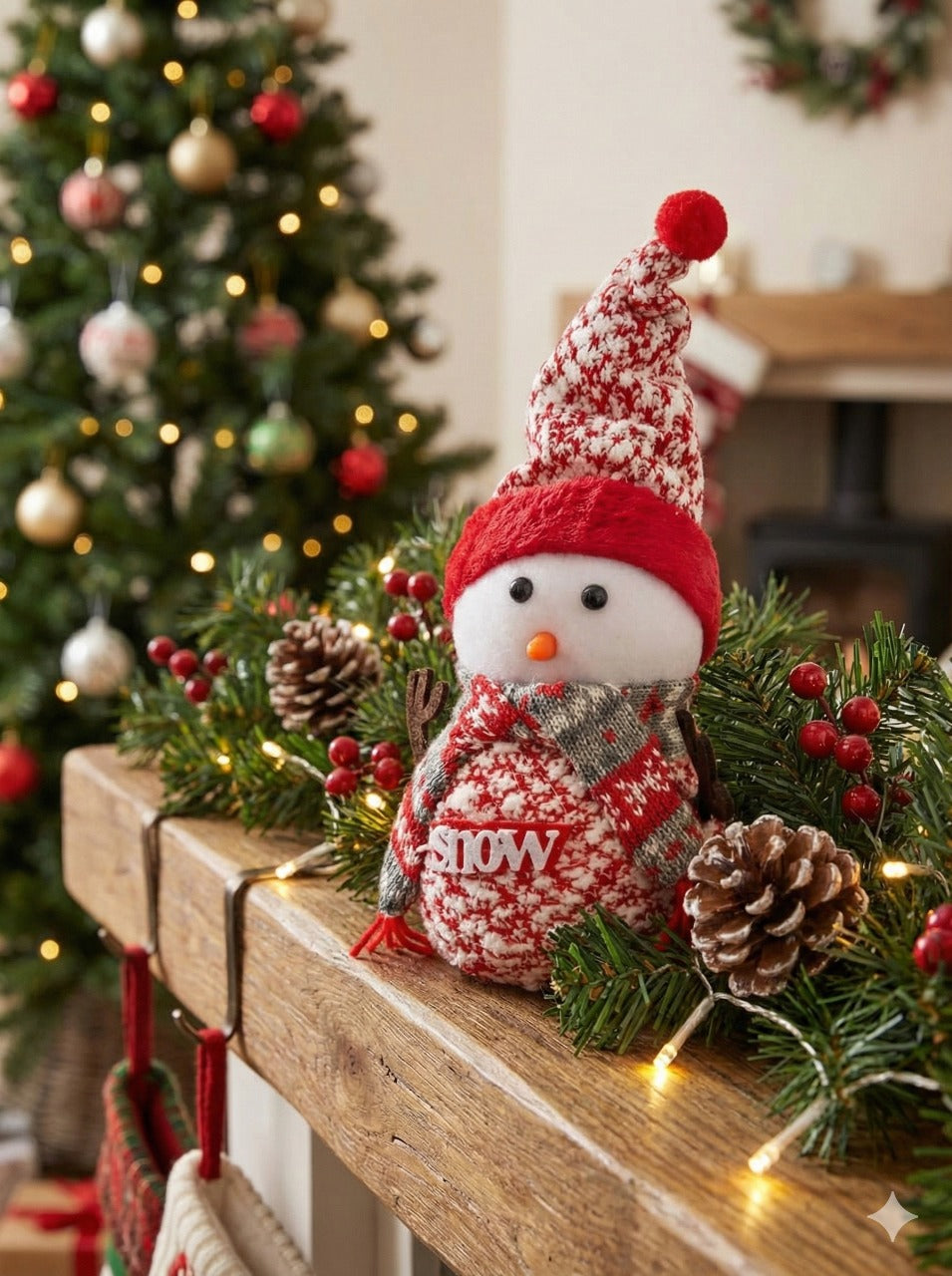 Charming Knit Plush Snowman Figurine | Cozy Sweater Look Winter Table Decor & Mantle Accent
