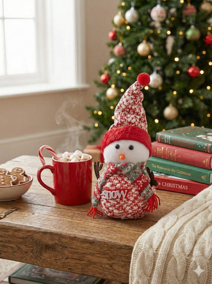 Charming Knit Plush Snowman Figurine | Cozy Sweater Look Winter Table Decor & Mantle Accent
