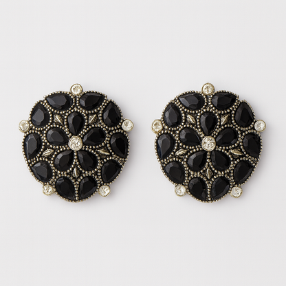 Vintage Black Stone Floral Stud Earrings – Elegant Ethnic & Partywear Jewellery