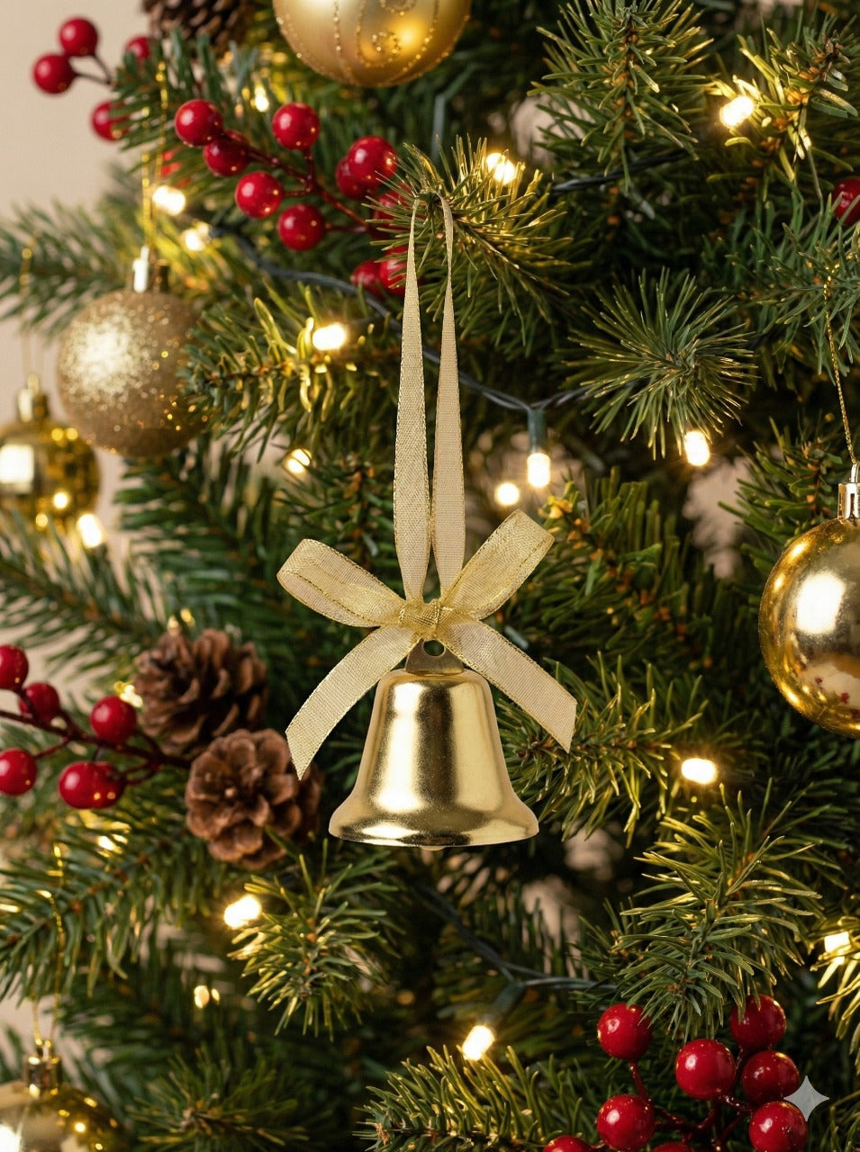 Classic Shiny Gold Christmas Bell Ornament | Elegant Bow Accent & Festive Tree Hanger(PACK OF 6)