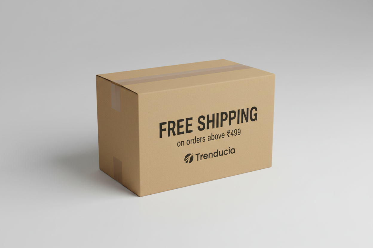 Cardboard delivery box with free shipping text for Trenducia orders above ₹499