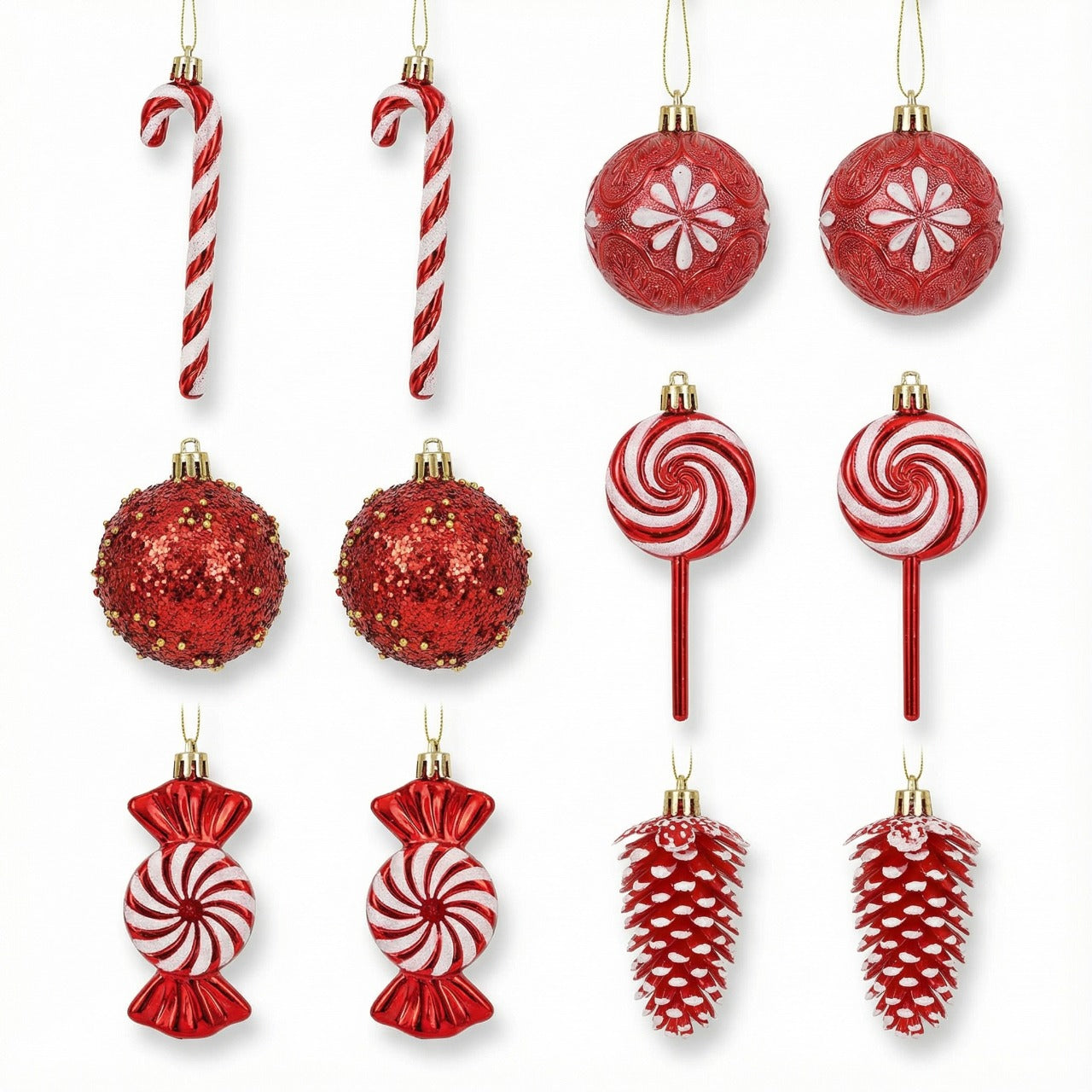 12-Piece Deluxe Red & White Candy Land Christmas Ornament Collection - Shatterproof Assortment
