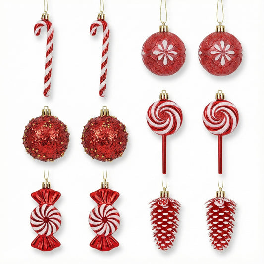 12-Piece Deluxe Red & White Candy Land Christmas Ornament Collection - Shatterproof Assortment