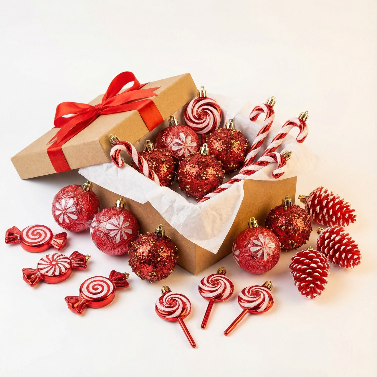 12-Piece Deluxe Red & White Candy Land Christmas Ornament Collection - Shatterproof Assortment