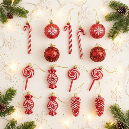 12-Piece Deluxe Red & White Candy Land Christmas Ornament Collection - Shatterproof Assortment