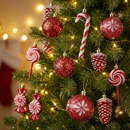 12-Piece Deluxe Red & White Candy Land Christmas Ornament Collection - Shatterproof Assortment