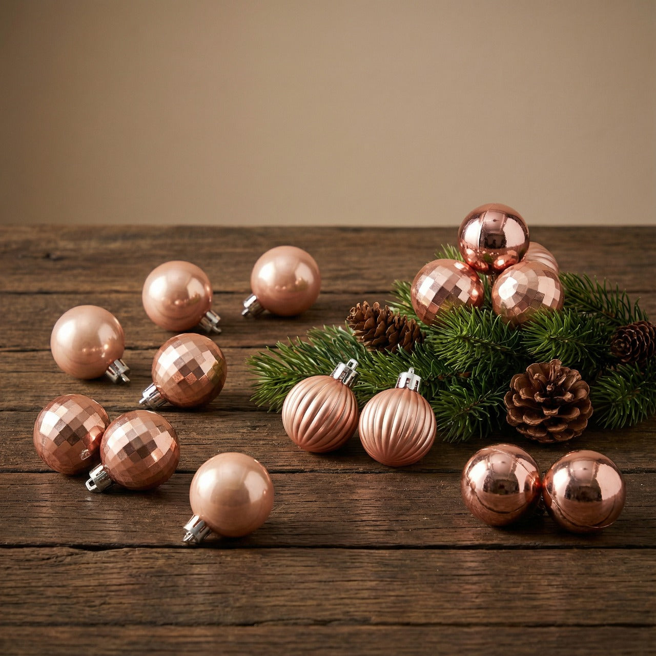 Luxury Rose Gold Christmas Bauble Set (8-Piece) | Assorted Shatterproof Ornaments with 4 Unique Finishes