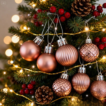 Luxury Rose Gold Christmas Bauble Set (8-Piece) | Assorted Shatterproof Ornaments with 4 Unique Finishes
