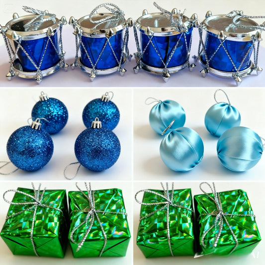 Vibrant Blue & Green Holiday Ornament Accent Set | 12-Piece Drum, Bauble, and Mini Gift Box Pack