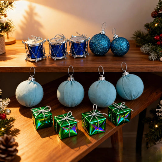 Vibrant Blue & Green Holiday Ornament Accent Set | 12-Piece Drum, Bauble, and Mini Gift Box Pack