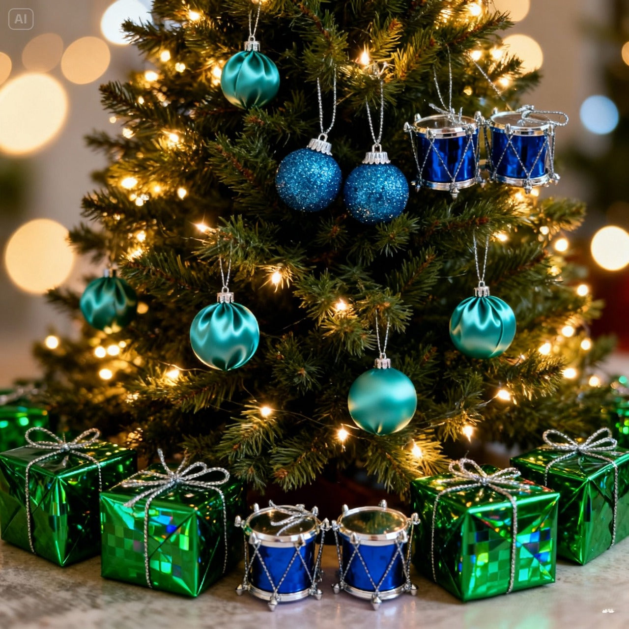 Vibrant Blue & Green Holiday Ornament Accent Set | 12-Piece Drum, Bauble, and Mini Gift Box Pack