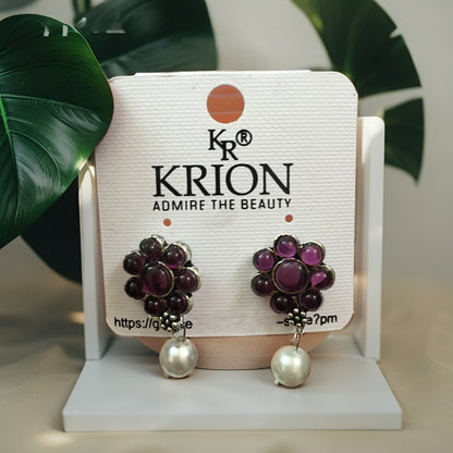 Purple floral stone earrings with white pearl drop – ethnic and stylish women’s jewellery