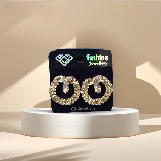 Golden CZ crystal loop earrings with leaf-style top stones – premium women’s partywear jewellery