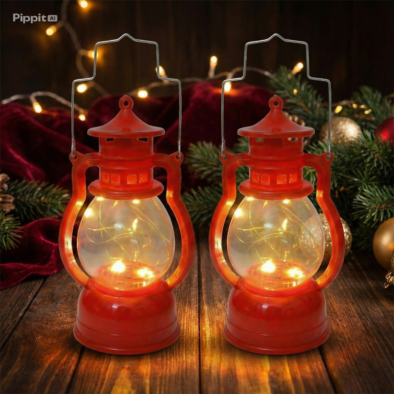 Classic Red LED Lantern Set - Decorative Fairy Lights for Home & Garden(PACK OF 2)