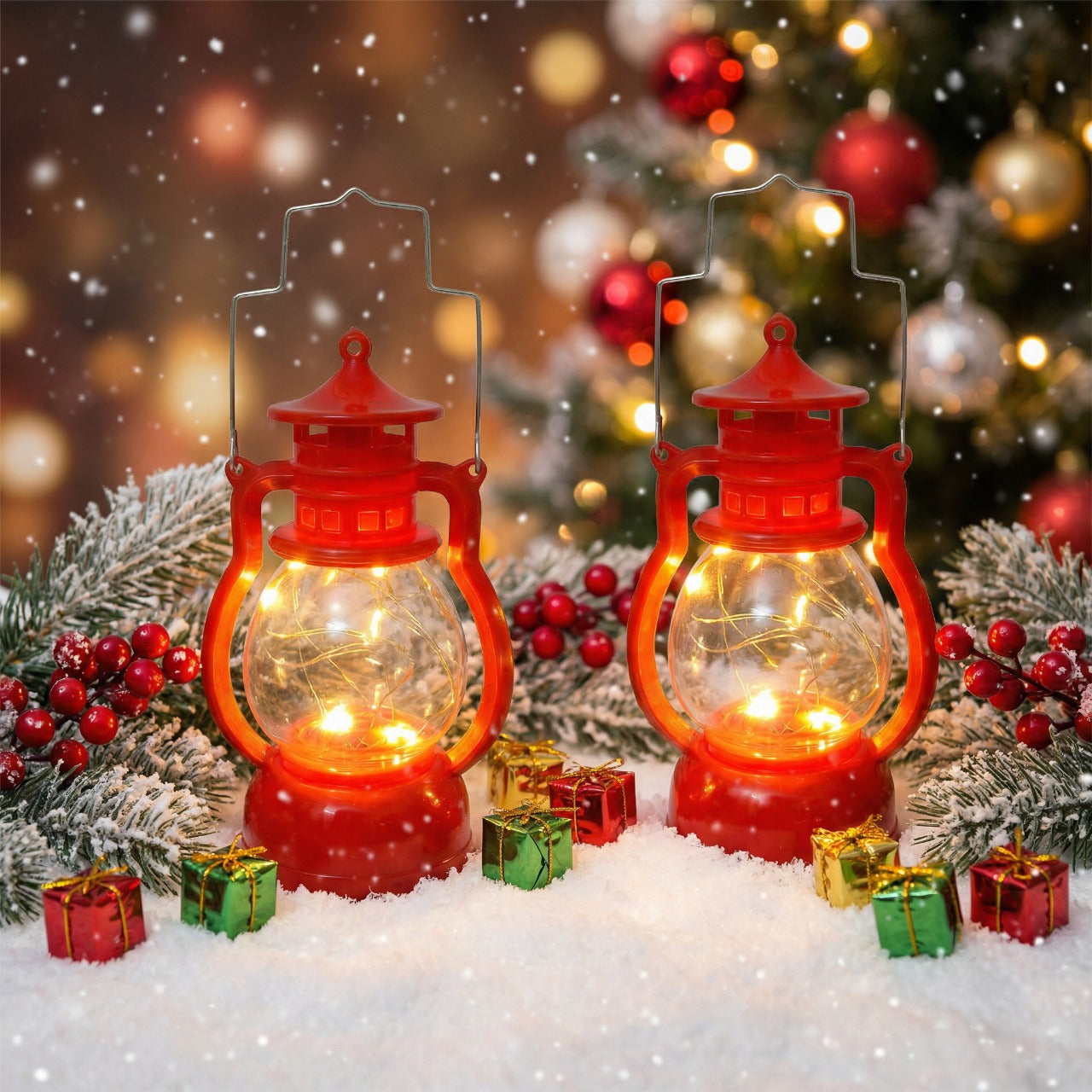 Classic Red LED Lantern Set - Decorative Fairy Lights for Home & Garden(PACK OF 2)