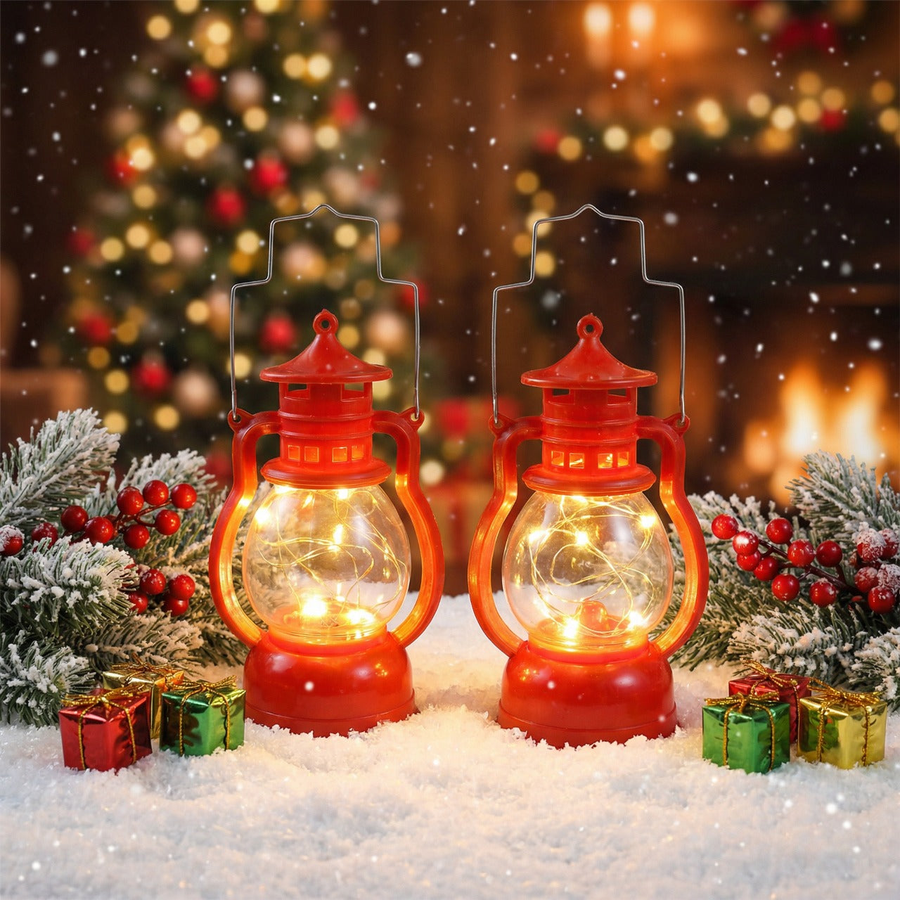 Classic Red LED Lantern Set - Decorative Fairy Lights for Home & Garden(PACK OF 2)