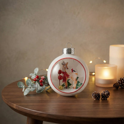 White Glass Diorama Christmas Ornament - Fawn & Bird Winter Scene(pack of 1)