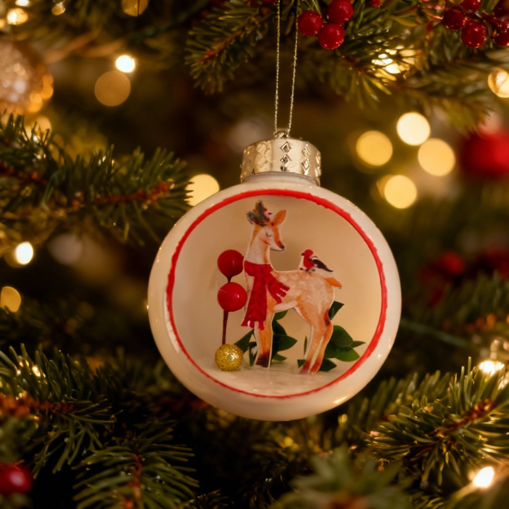 White Glass Diorama Christmas Ornament - Fawn & Bird Winter Scene(pack of 1)