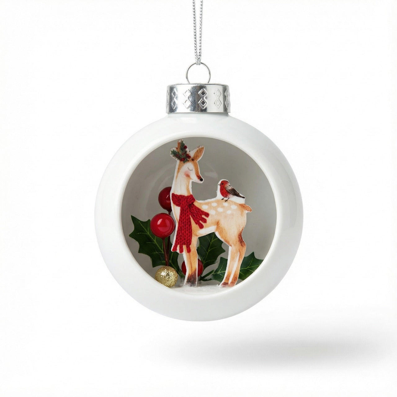 White Glass Diorama Christmas Ornament - Fawn & Bird Winter Scene(pack of 1)