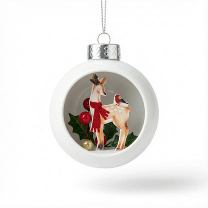 White Glass Diorama Christmas Ornament - Fawn & Bird Winter Scene(pack of 1)