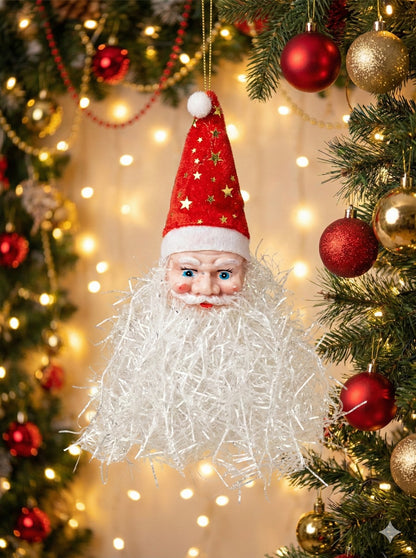 Kitschy Retro Santa Head Ornament | Vintage Tinsel Beard Figurine with Star Cap | Nostalgic Collectible