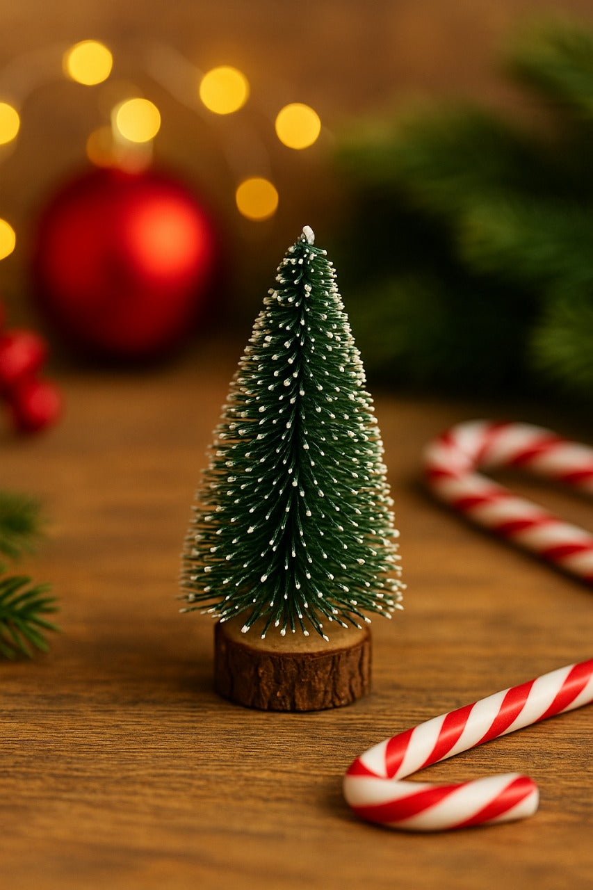 Snow-Tipped Mini Bottlebrush Christmas Tree | Rustic Base Model Craft Supply & Table Decor(PACK OF 2)