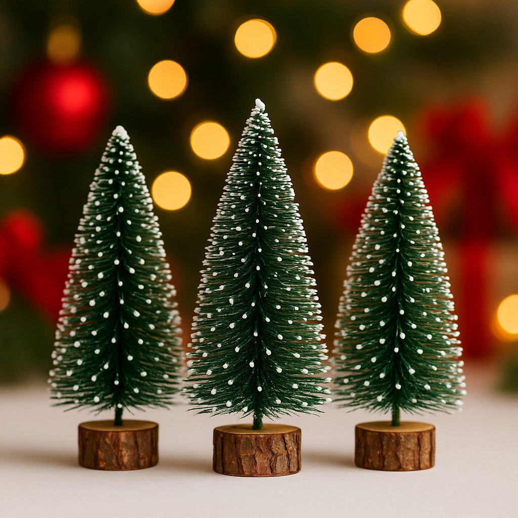Snow-Tipped Mini Bottlebrush Christmas Tree | Rustic Base Model Craft Supply & Table Decor(PACK OF 3)