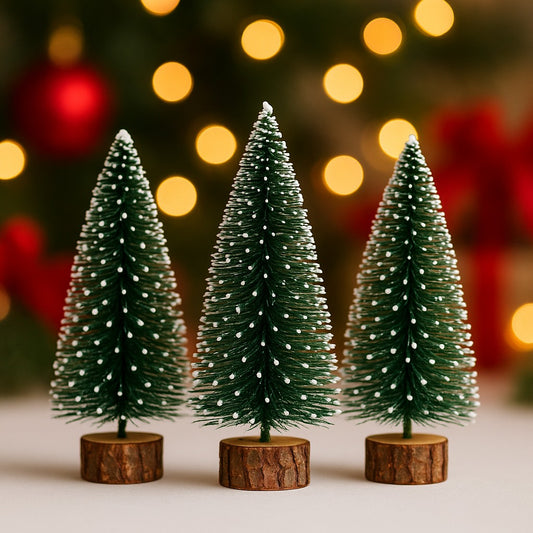 Snow-Tipped Mini Bottlebrush Christmas Tree | Rustic Base Model Craft Supply & Table Decor(PACK OF 3)