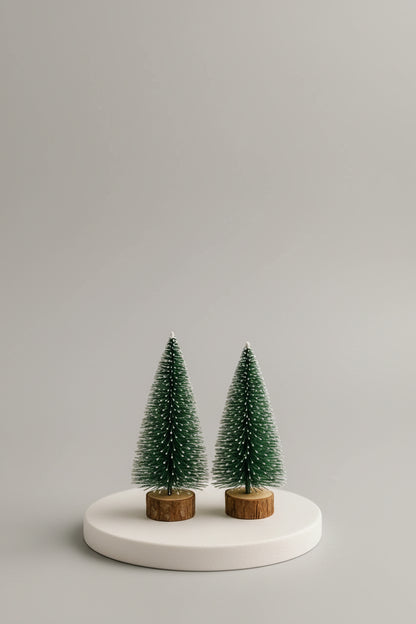 Snow-Tipped Mini Bottlebrush Christmas Tree | Rustic Base Model Craft Supply & Table Decor(PACK OF 2)