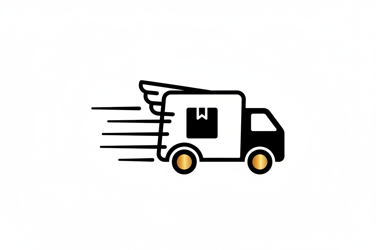Minimal fast-delivery truck icon, line art, black or gold, transparent background.