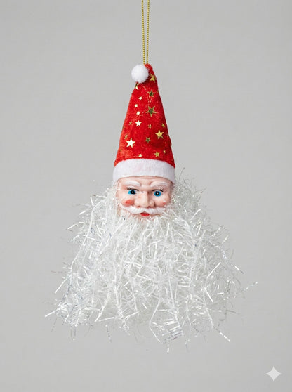Kitschy Retro Santa Head Ornament | Vintage Tinsel Beard Figurine with Star Cap | Nostalgic Collectible