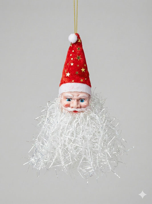 Kitschy Retro Santa Head Ornament | Vintage Tinsel Beard Figurine with Star Cap | Nostalgic Collectible