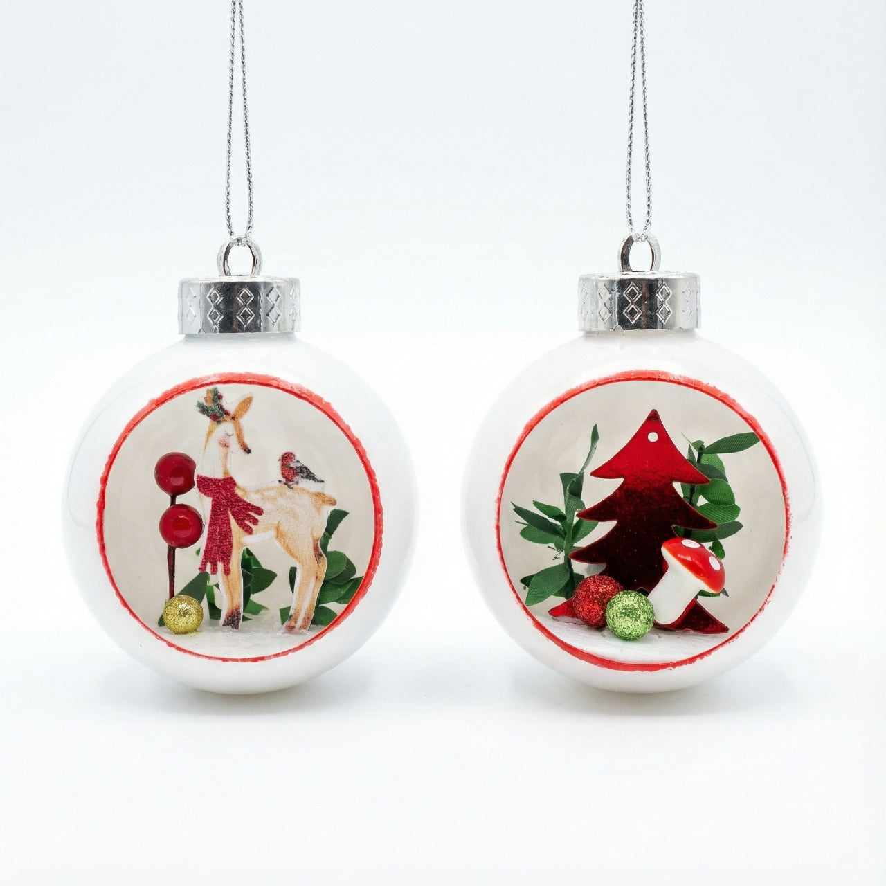 Set of 2 White Diorama Glass Christmas Ornaments - Woodland Fawn & Forest Scene(pack of 2)