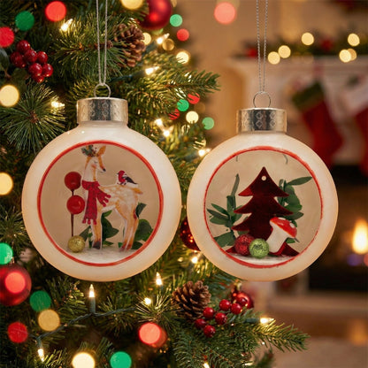 Set of 2 White Diorama Glass Christmas Ornaments - Woodland Fawn & Forest Scene(pack of 2)