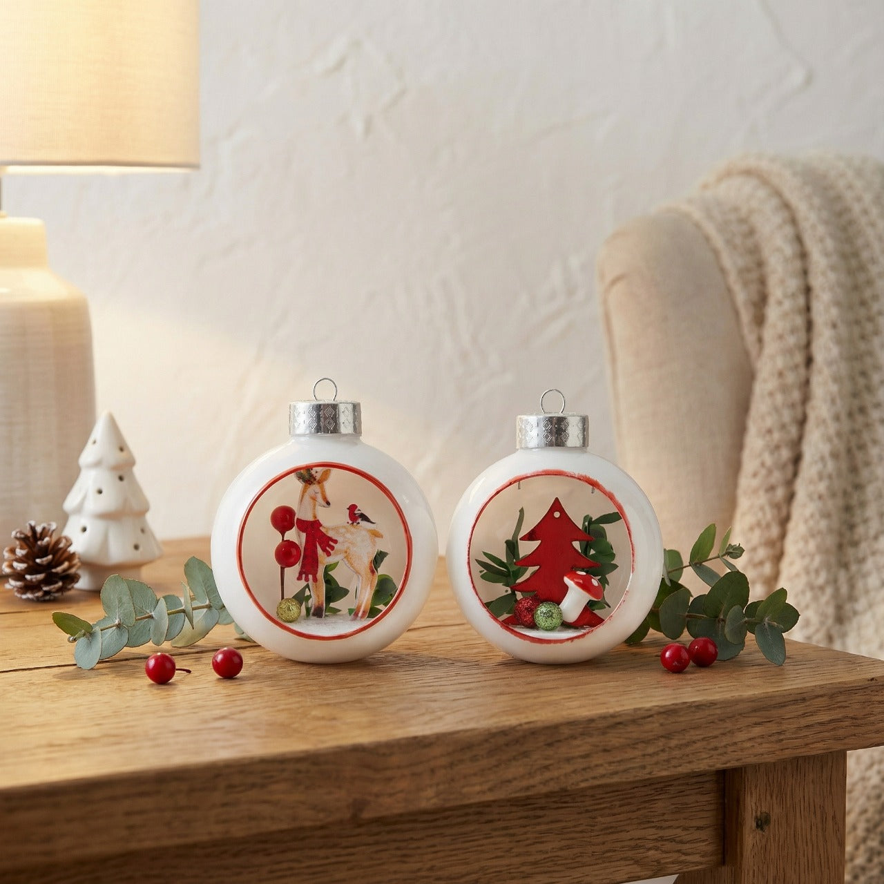 Set of 2 White Diorama Glass Christmas Ornaments - Woodland Fawn & Forest Scene(pack of 2)