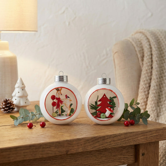Set of 2 White Diorama Glass Christmas Ornaments - Woodland Fawn & Forest Scene(pack of 2)