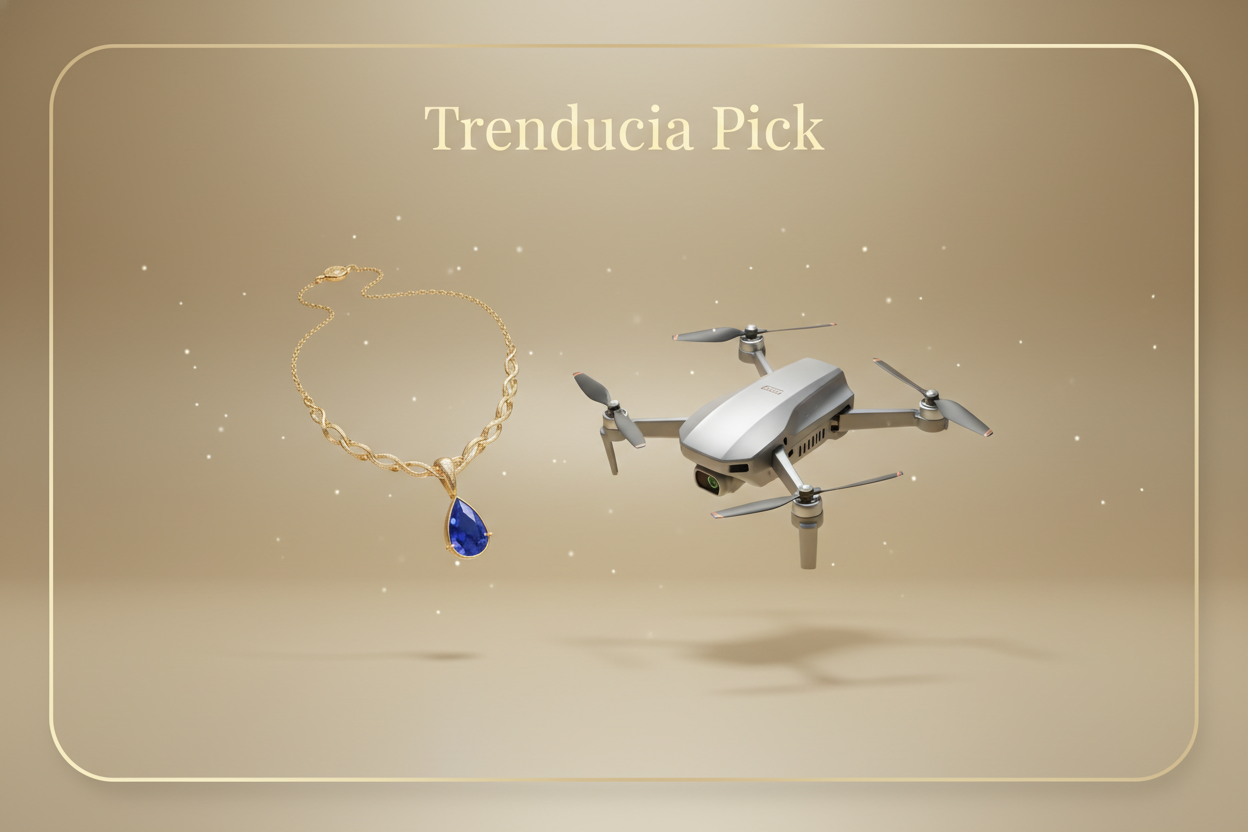 Premium e-commerce card titled ‘Trenducia Pick’, featuring a floating jewelry piece and a small gadget together on a beige-gold minimalist background, soft shadows, subtle sparkles, elegant product photography