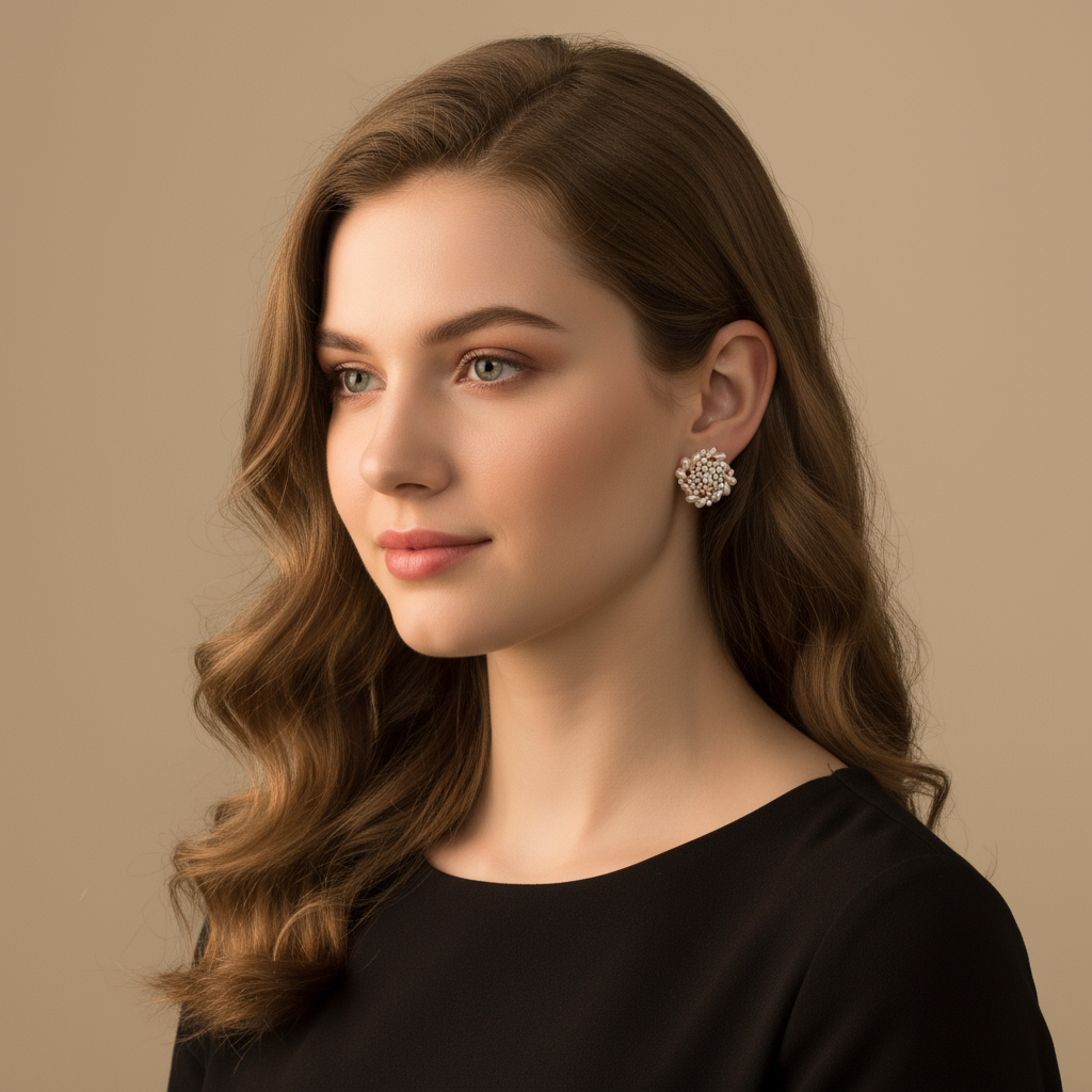 Designer Floral Crystal Stud Earrings – Premium Gold Pearl & Sparkle Partywear Jewellery