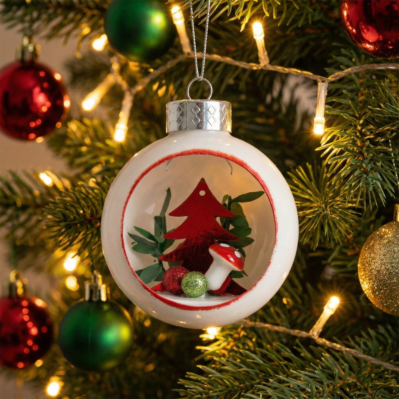 Enchanted Forest Diorama Glass Christmas Ornament - Tree & Mushroom Scene(pack of 1)