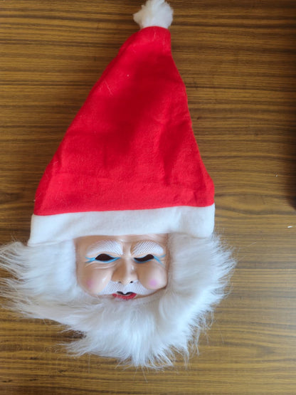 Kitschy Retro Santa Head Ornament | Vintage Tinsel Beard Figurine with Star Cap | Nostalgic Collectible