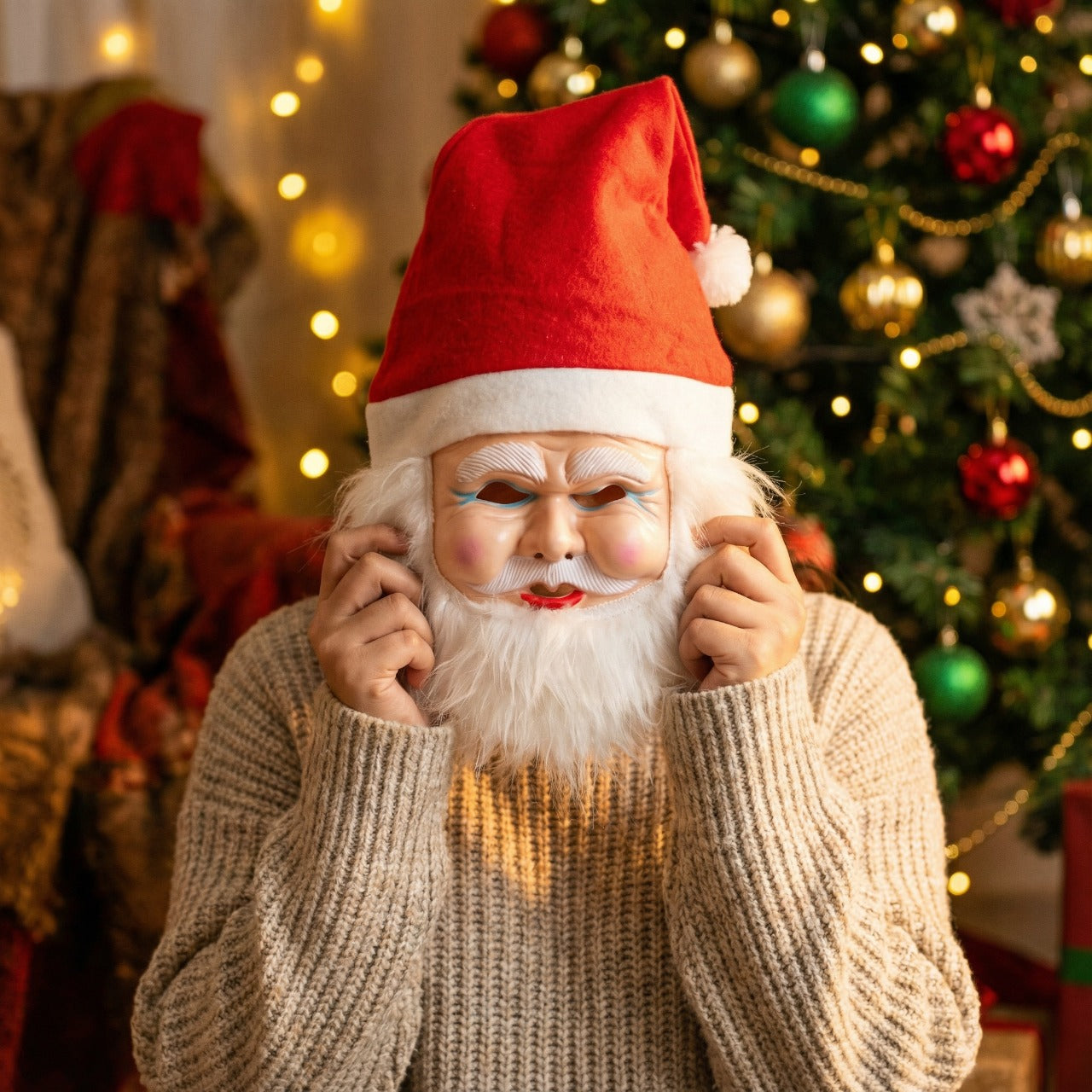 Kitschy Retro Santa Head Ornament | Vintage Tinsel Beard Figurine with Star Cap | Nostalgic Collectible