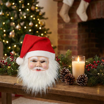 Kitschy Retro Santa Head Ornament | Vintage Tinsel Beard Figurine with Star Cap | Nostalgic Collectible