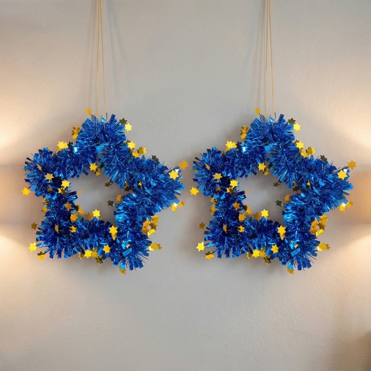Blue Tinsel Star Wreaths | Wall Hanging Decor with Gold Stars | Fun & Festive Accent(pack of 2)