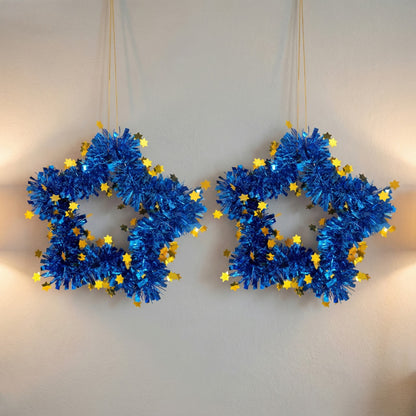 Blue Tinsel Star Wreaths | Wall Hanging Decor with Gold Stars | Fun & Festive Accent(pack of 2)