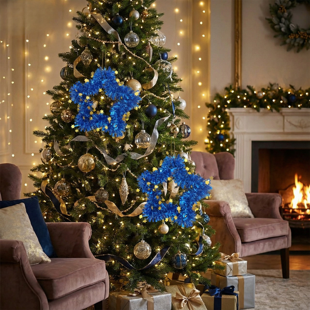 Blue Tinsel Star Wreaths | Wall Hanging Decor with Gold Stars | Fun & Festive Accent(pack of 2)