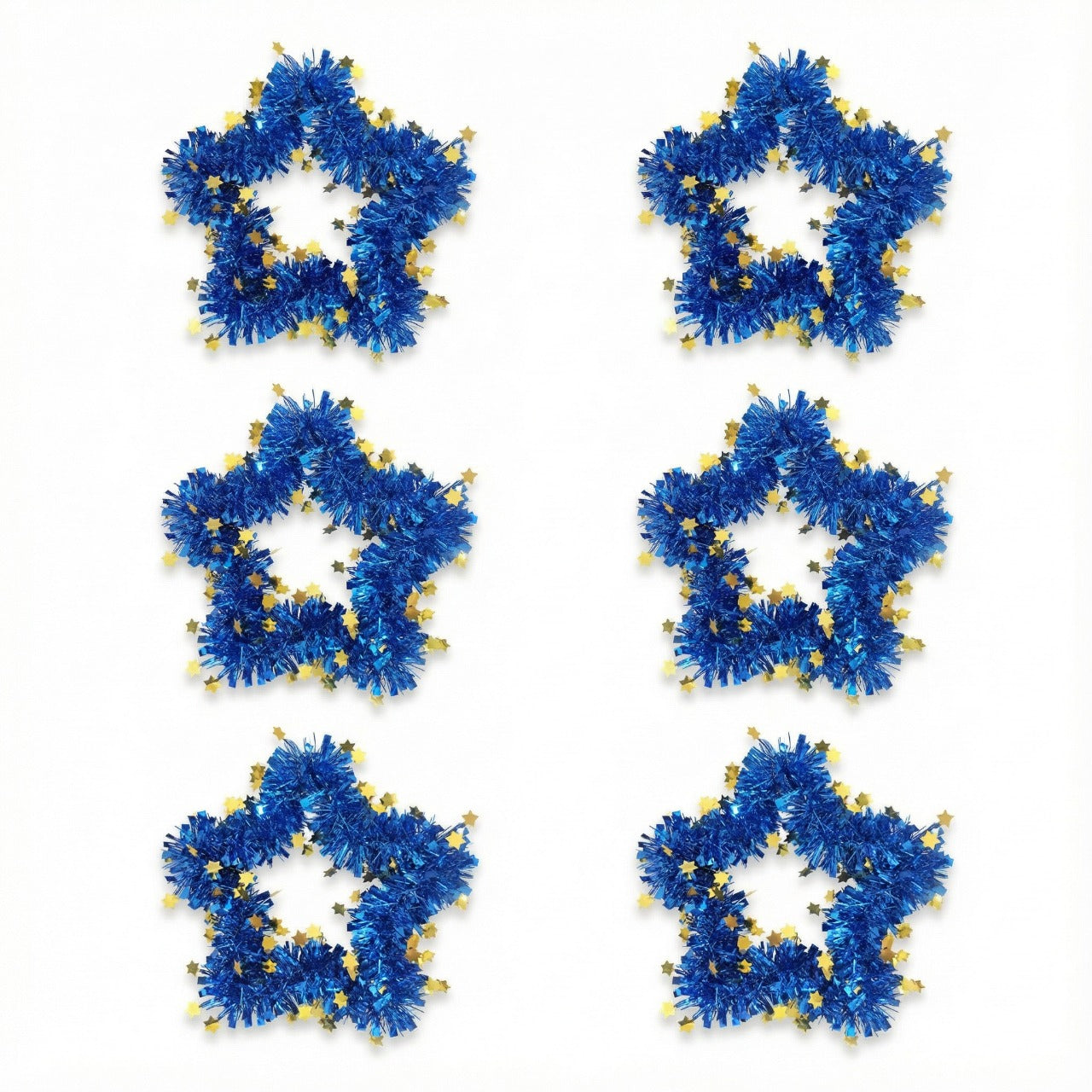 Blue Tinsel Star Wreaths | Wall Hanging Decor with Gold Stars | Fun & Festive Accent(pack of 6)