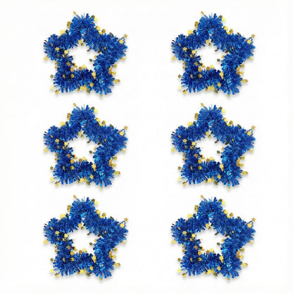 Blue Tinsel Star Wreaths | Wall Hanging Decor with Gold Stars | Fun & Festive Accent(pack of 6)