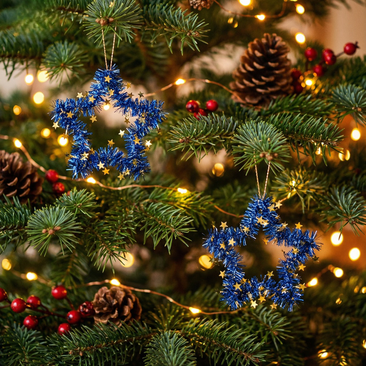 Blue Tinsel Star Wreaths | Wall Hanging Decor with Gold Stars | Fun & Festive Accent(pack of 2)